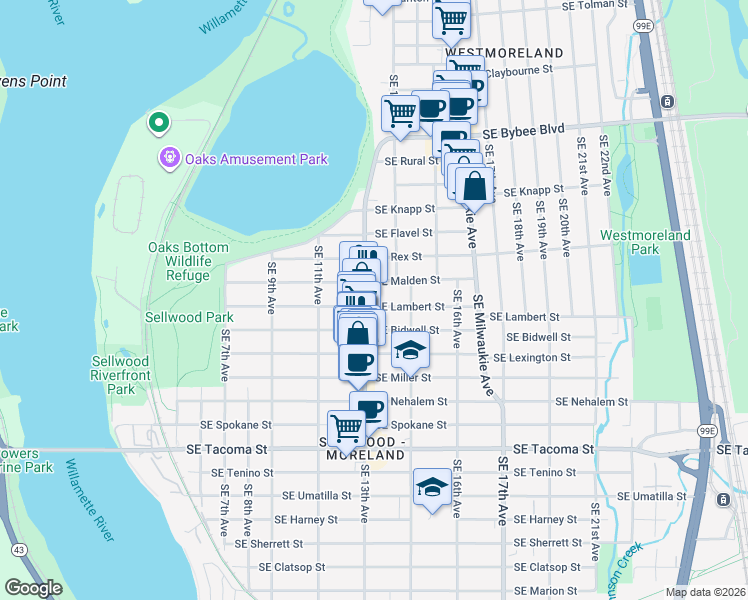 map of restaurants, bars, coffee shops, grocery stores, and more near 1343 Southeast Malden Street in Portland
