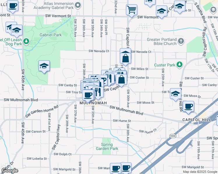 map of restaurants, bars, coffee shops, grocery stores, and more near 7609 Southwest 33rd Avenue in Portland