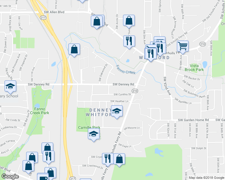 map of restaurants, bars, coffee shops, grocery stores, and more near 9995 Southwest Denney Road in Beaverton