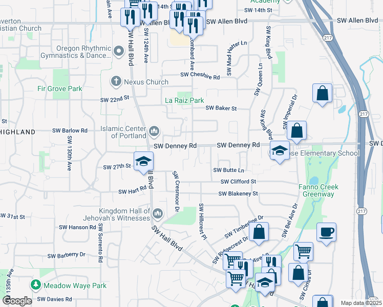 map of restaurants, bars, coffee shops, grocery stores, and more near 12036 Southwest Camden Lane in Beaverton