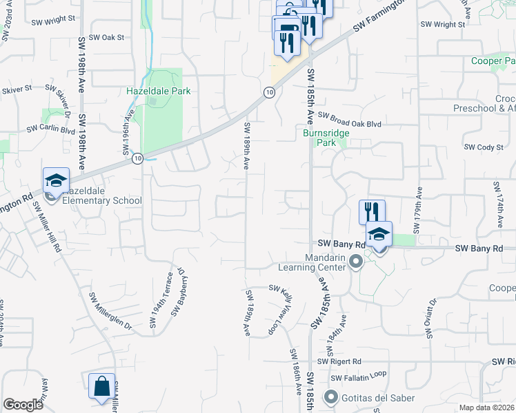 map of restaurants, bars, coffee shops, grocery stores, and more near 6980 Southwest 189th Avenue in Beaverton