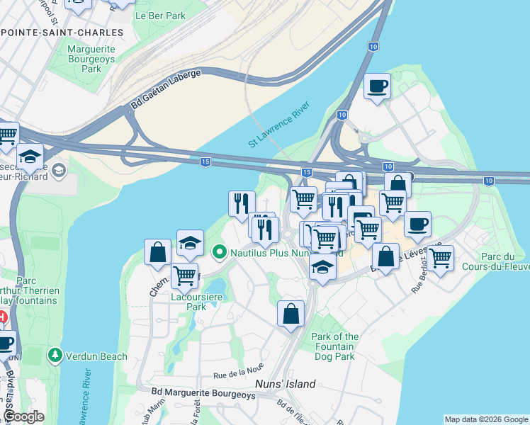 map of restaurants, bars, coffee shops, grocery stores, and more near 230 Chemin du Golf in Montréal