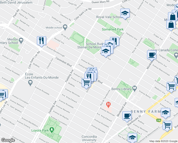 map of restaurants, bars, coffee shops, grocery stores, and more near 4886 Avenue Bessborough in Montréal