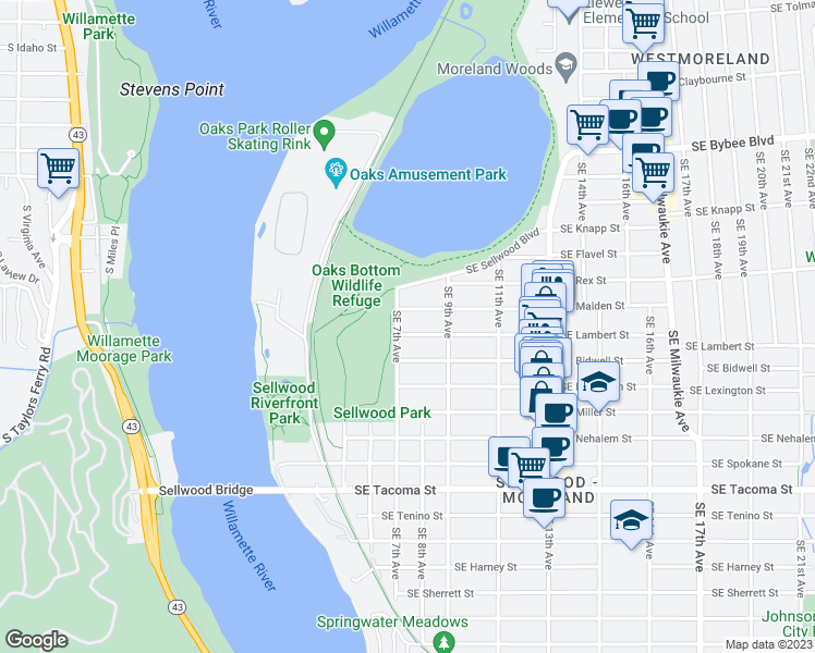 map of restaurants, bars, coffee shops, grocery stores, and more near 745 Southeast Malden Street in Portland