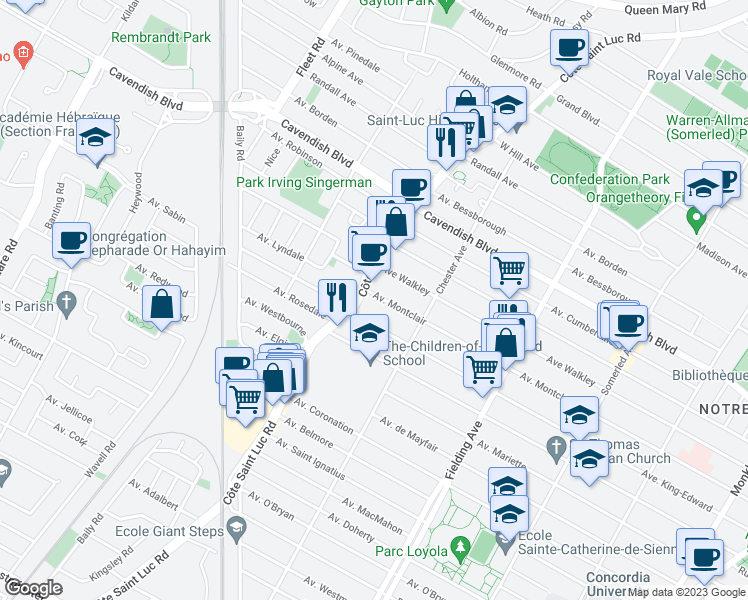 map of restaurants, bars, coffee shops, grocery stores, and more near 5442 Avenue Montclair in Montréal