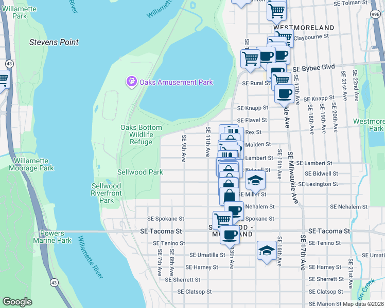 map of restaurants, bars, coffee shops, grocery stores, and more near 923 Southeast Lambert Street in Portland