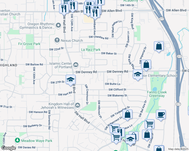 map of restaurants, bars, coffee shops, grocery stores, and more near 12036 Southwest Camden Lane in Beaverton
