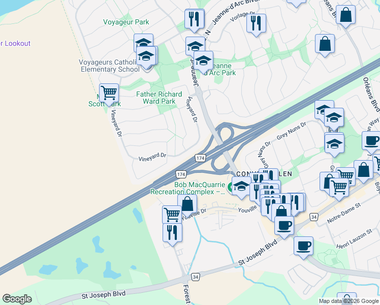 map of restaurants, bars, coffee shops, grocery stores, and more near 6126 Vineyard Drive in Ottawa