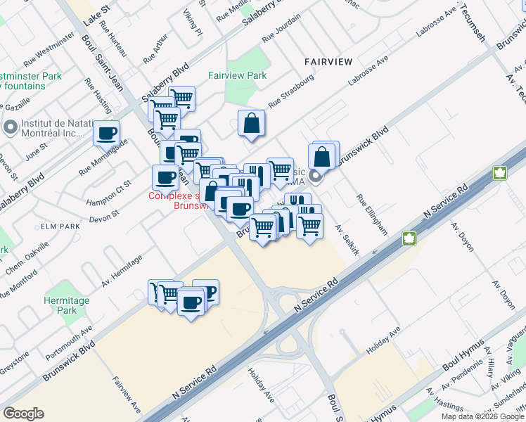 map of restaurants, bars, coffee shops, grocery stores, and more near 265 Boulevard Brunswick in Pointe-Claire