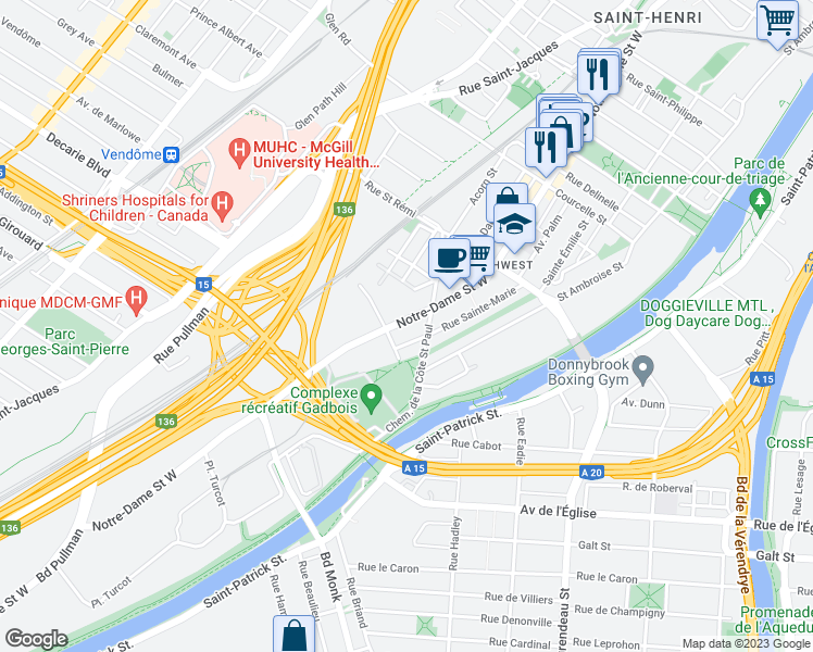 map of restaurants, bars, coffee shops, grocery stores, and more near 5304 Rue Notre-Dame Ouest in Montréal
