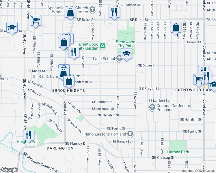 map of restaurants, bars, coffee shops, grocery stores, and more near 5731 Southeast Henderson Street in Portland