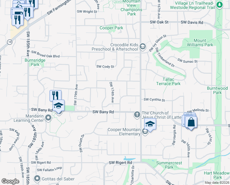 map of restaurants, bars, coffee shops, grocery stores, and more near 6985 Southwest 174th Avenue in Aloha