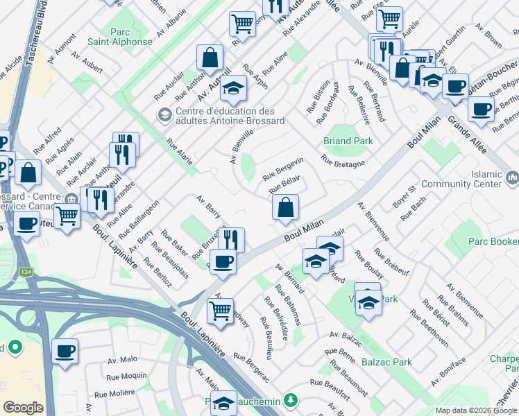 map of restaurants, bars, coffee shops, grocery stores, and more near 6240 Avenue Bienville in Brossard