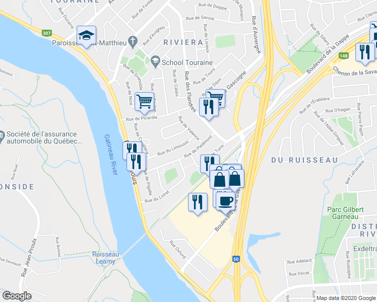 map of restaurants, bars, coffee shops, grocery stores, and more near 61 Rue de Piedmont in Gatineau