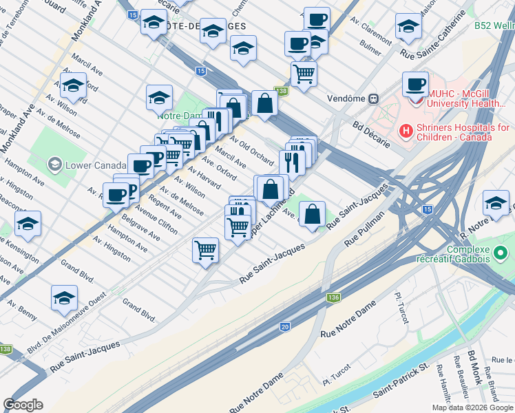 map of restaurants, bars, coffee shops, grocery stores, and more near 2025 Avenue Harvard in Montréal