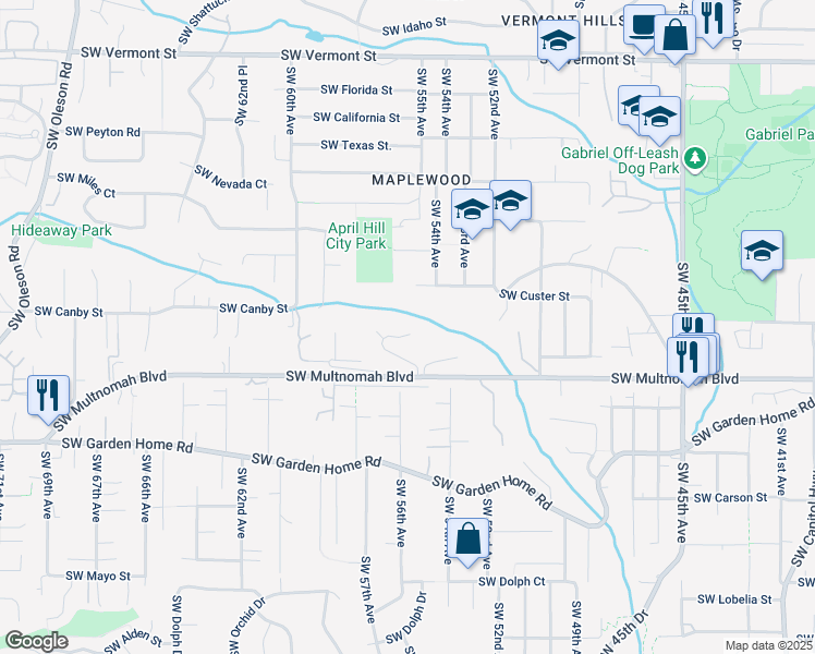 map of restaurants, bars, coffee shops, grocery stores, and more near 5506 Southwest Custer Street in Portland