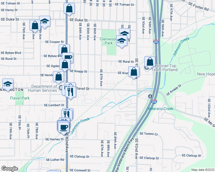 map of restaurants, bars, coffee shops, grocery stores, and more near 8801 Southeast Henderson Street in Portland