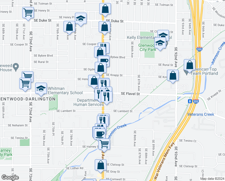 map of restaurants, bars, coffee shops, grocery stores, and more near 7405 Southeast 84th Avenue in Portland