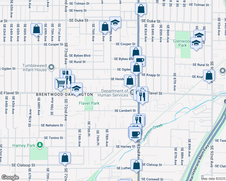 map of restaurants, bars, coffee shops, grocery stores, and more near 7431 Southeast 78th Avenue in Portland