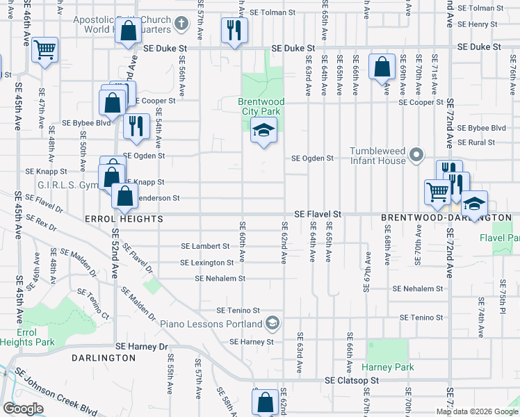 map of restaurants, bars, coffee shops, grocery stores, and more near 6055 Southeast Henderson Street in Portland