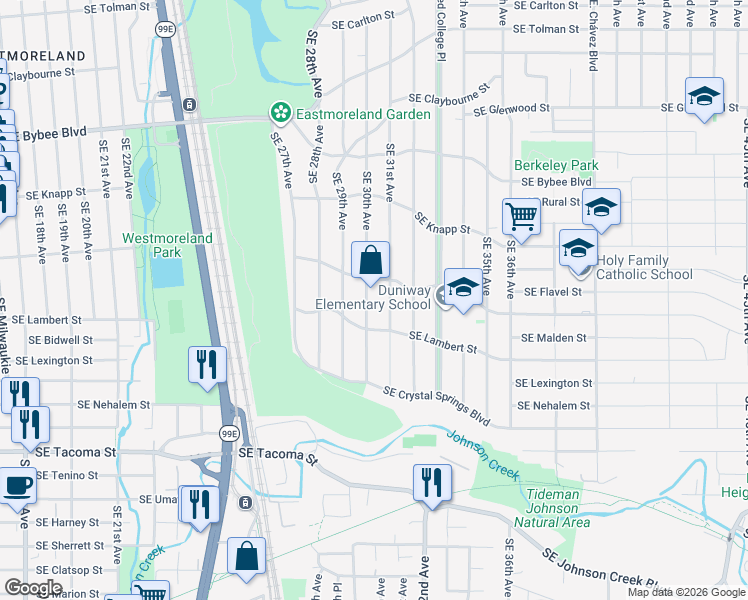 map of restaurants, bars, coffee shops, grocery stores, and more near 2930 Southeast Rex Street in Portland