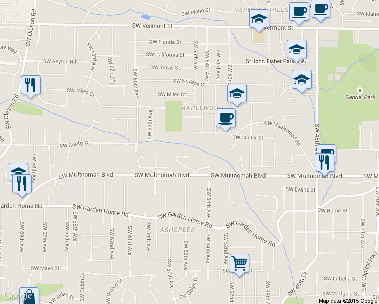 map of restaurants, bars, coffee shops, grocery stores, and more near 5506 Southwest Custer Street in Portland