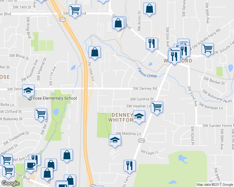 map of restaurants, bars, coffee shops, grocery stores, and more near 10305 Southwest Denney Road in Beaverton