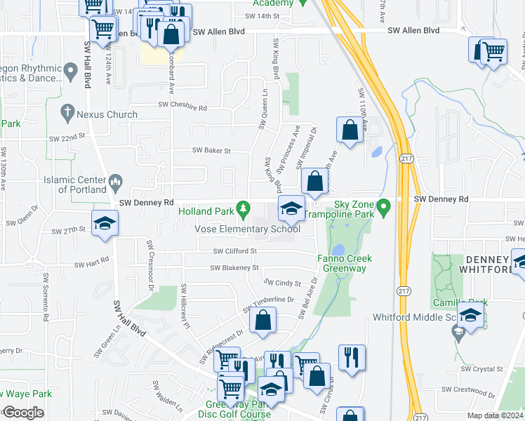 map of restaurants, bars, coffee shops, grocery stores, and more near 11415 Southwest Denney Road in Beaverton