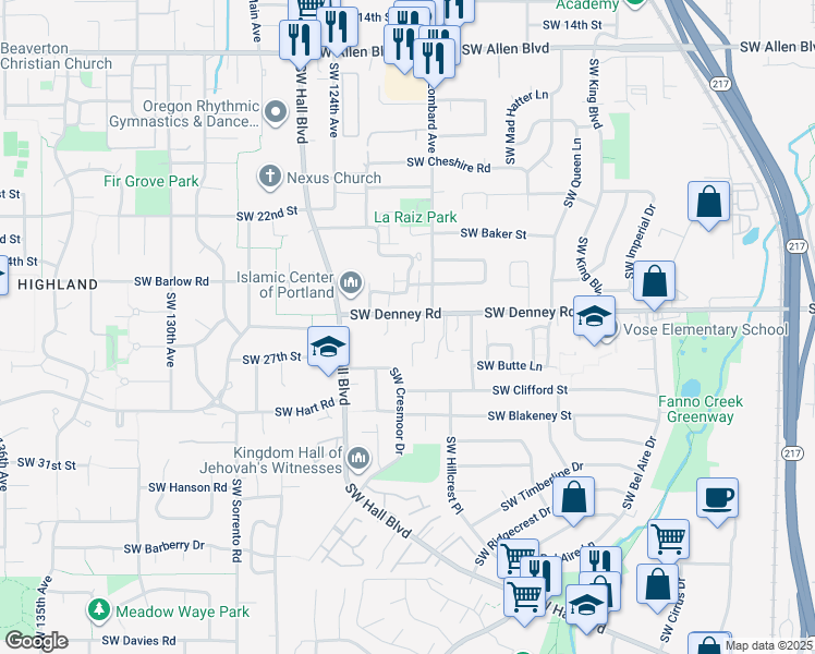 map of restaurants, bars, coffee shops, grocery stores, and more near 12130 Southwest Camden Lane in Beaverton