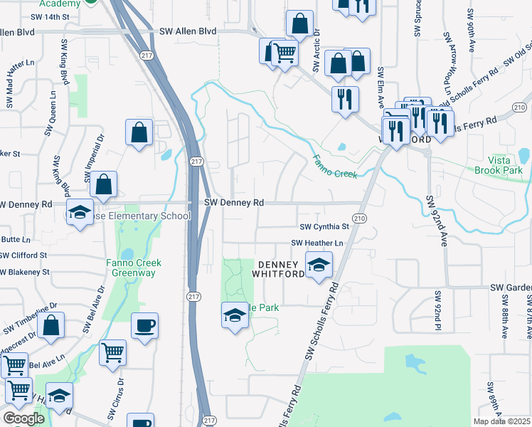 map of restaurants, bars, coffee shops, grocery stores, and more near 10305 Southwest Denney Road in Beaverton