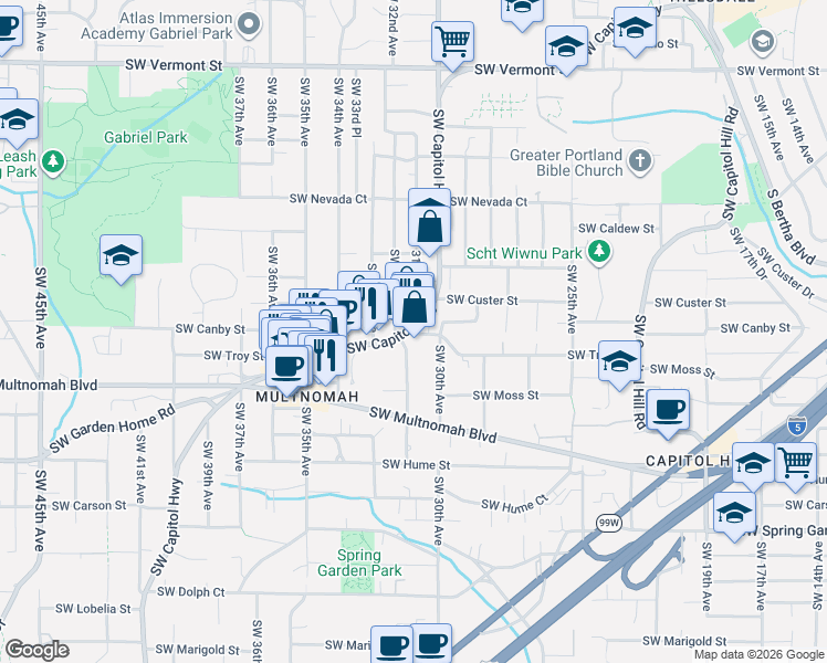 map of restaurants, bars, coffee shops, grocery stores, and more near 3025 Southwest Canby Street in Portland