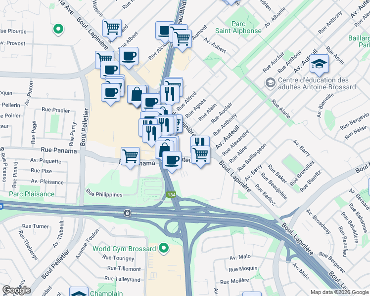 map of restaurants, bars, coffee shops, grocery stores, and more near 2485 Boulevard Lapinière in Brossard