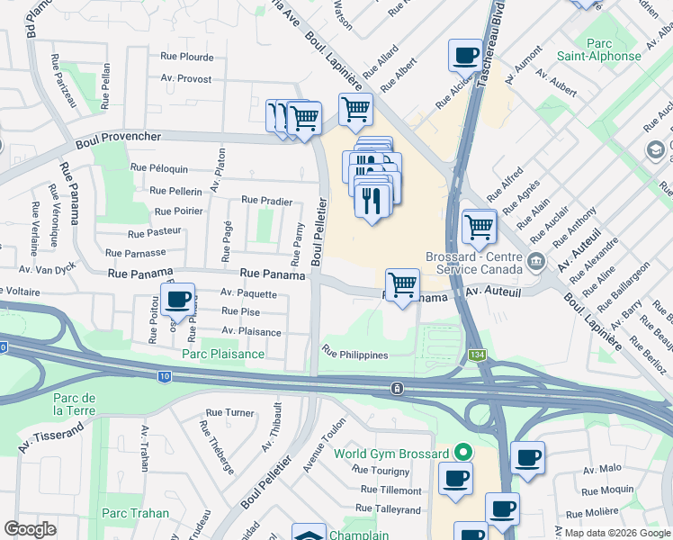 map of restaurants, bars, coffee shops, grocery stores, and more near 1550 Rue Panama in Brossard