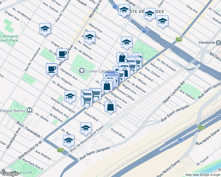 map of restaurants, bars, coffee shops, grocery stores, and more near 5899 Sherbrooke St W in Montreal