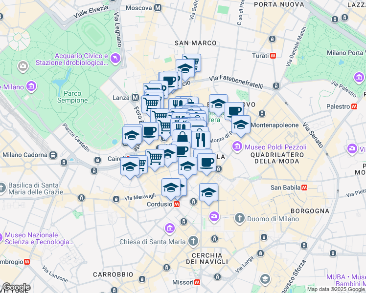 map of restaurants, bars, coffee shops, grocery stores, and more near 7 Via dell'Orso in Milano