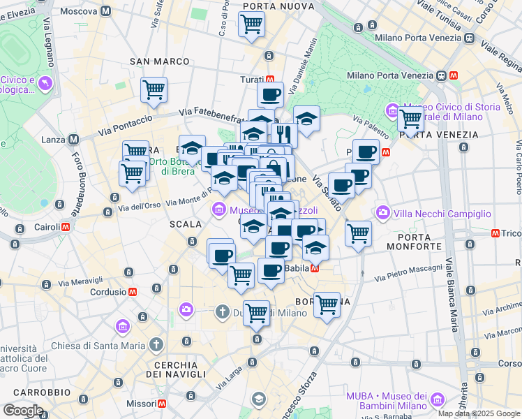 map of restaurants, bars, coffee shops, grocery stores, and more near 21 Via Monte Napoleone in Milano