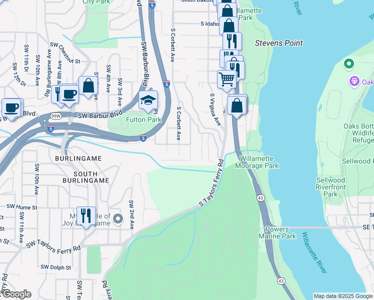 map of restaurants, bars, coffee shops, grocery stores, and more near 205 Southwest Custer Street in Portland