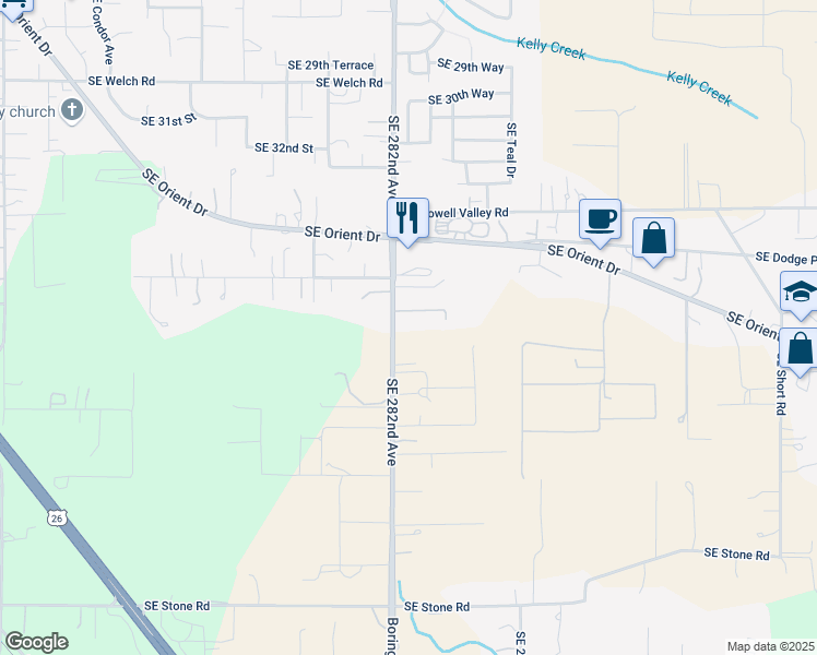 map of restaurants, bars, coffee shops, grocery stores, and more near 7404 Southeast 282nd Avenue in Gresham