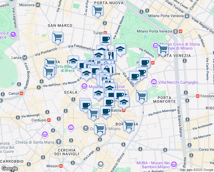 map of restaurants, bars, coffee shops, grocery stores, and more near in Milan