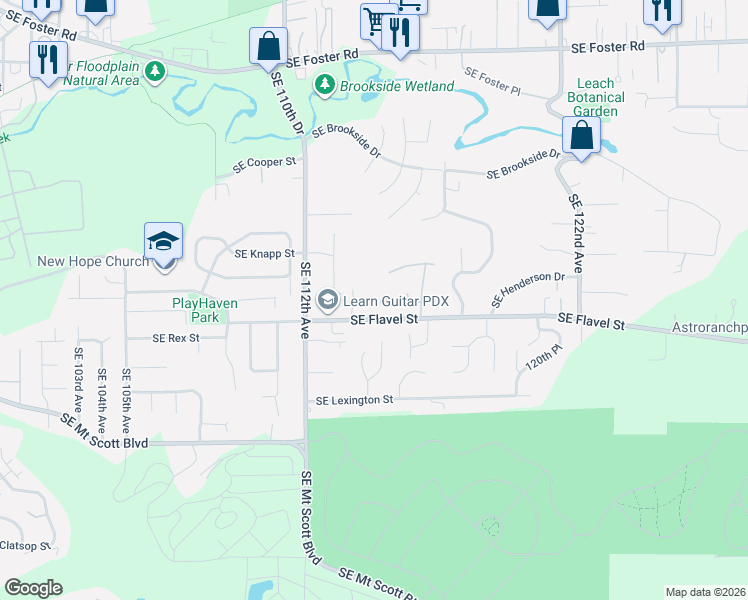 map of restaurants, bars, coffee shops, grocery stores, and more near 11525 Southeast Flavel Street in Portland