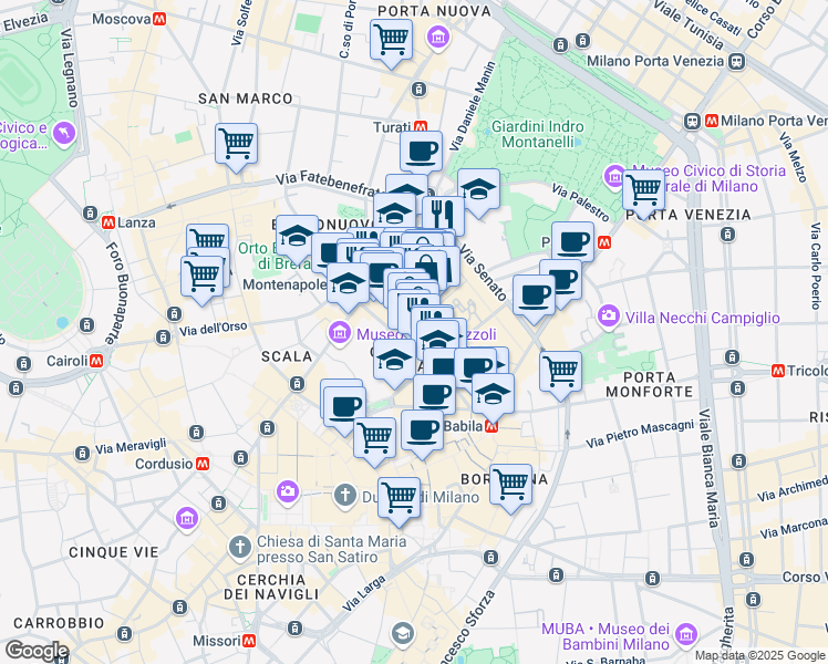 map of restaurants, bars, coffee shops, grocery stores, and more near 16a Via Monte Napoleone in Milano