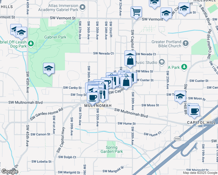 map of restaurants, bars, coffee shops, grocery stores, and more near 7609 Southwest 33rd Avenue in Portland