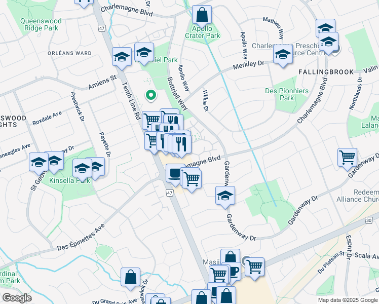 map of restaurants, bars, coffee shops, grocery stores, and more near 500 Canteval Terrace in Ottawa