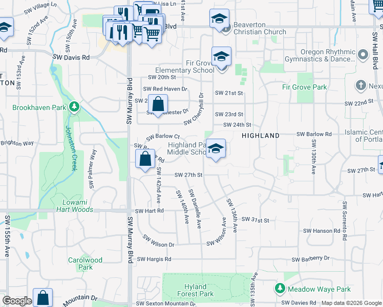 map of restaurants, bars, coffee shops, grocery stores, and more near 14050 Southwest Barlow Court in Beaverton