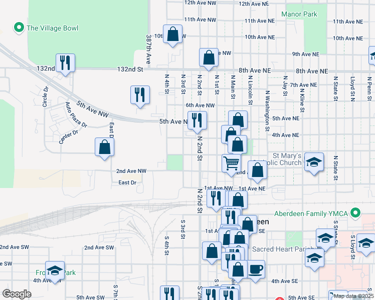 map of restaurants, bars, coffee shops, grocery stores, and more near 201-299 4th Ave NW in Aberdeen