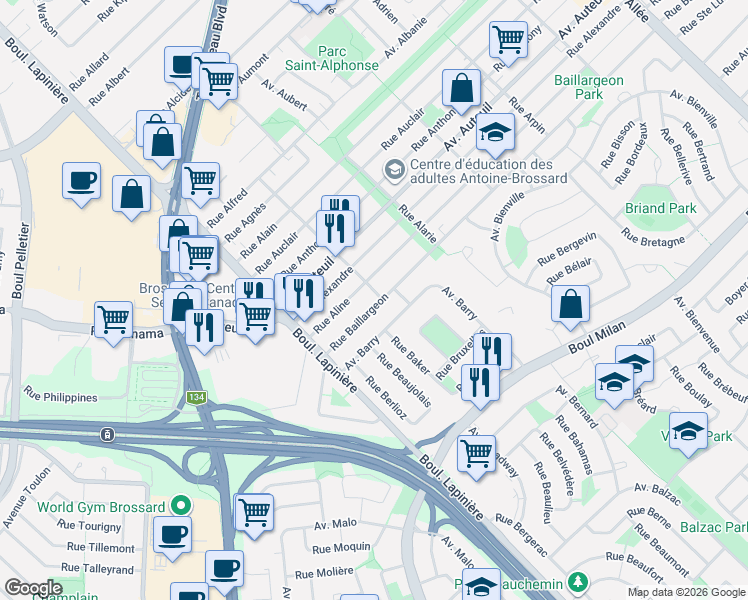 map of restaurants, bars, coffee shops, grocery stores, and more near 6780 Rue Baillargeon in Brossard