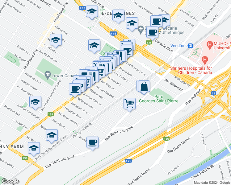 map of restaurants, bars, coffee shops, grocery stores, and more near 2212 Avenue Wilson in Montréal