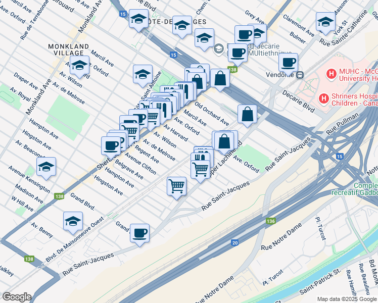 map of restaurants, bars, coffee shops, grocery stores, and more near 2181 Avenue Wilson in Montréal