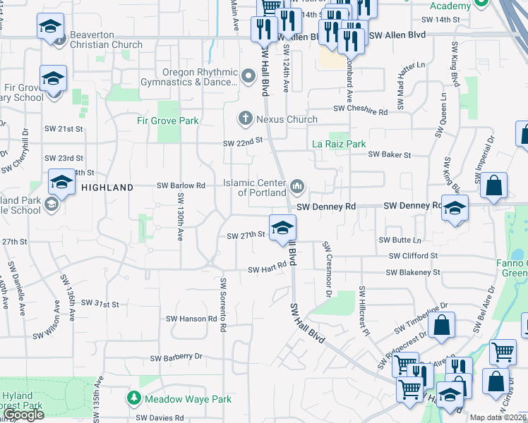 map of restaurants, bars, coffee shops, grocery stores, and more near 12505 Southwest Tiger Lilly Lane in Beaverton