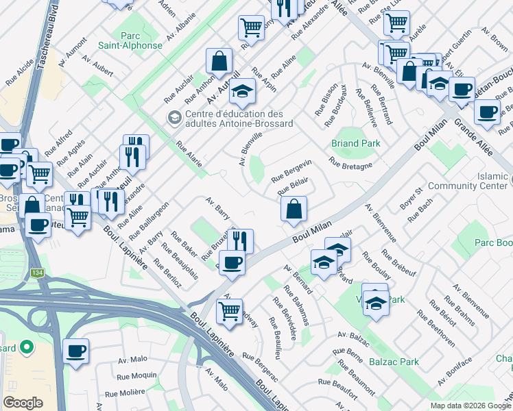 map of restaurants, bars, coffee shops, grocery stores, and more near 6250 Avenue Bienville in Brossard
